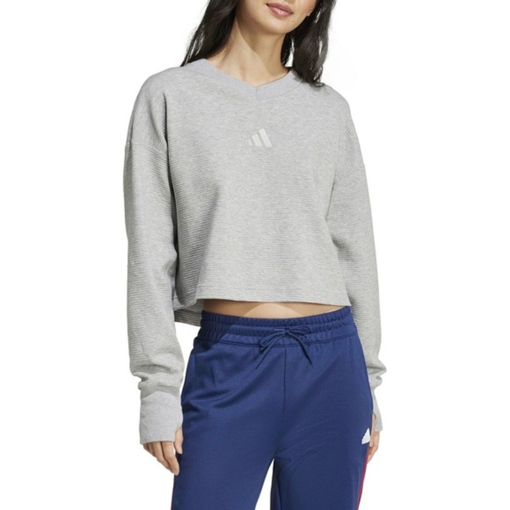 New Adidas Women's All Szn‎ L SWT Sweatshirt Gray Cropped V Neck Long Sleeve S